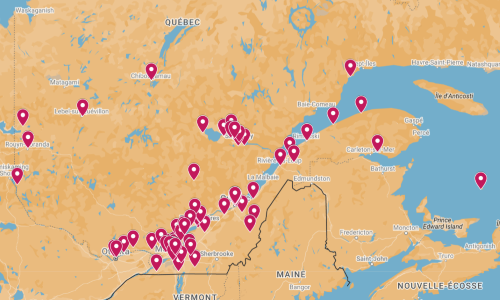 Carte du Québec sur laquelle sont identifiés les groupes d'alphabétisation populaire